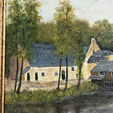 Antique Oil Painting Landscape "Riverside Houses" Remarkable Small Artwork Holland Art Shop