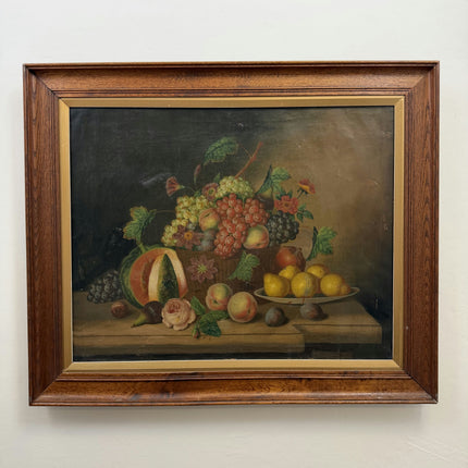 Antique Flowery Still Life Oil Painting "Basket Fruit" Refined Large Artwork Holland Art Shop