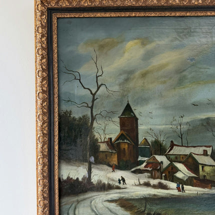 19th Century Antique Winter Landscape Oil Painting "Snowy Village" Large Artwork Holland Art Shop