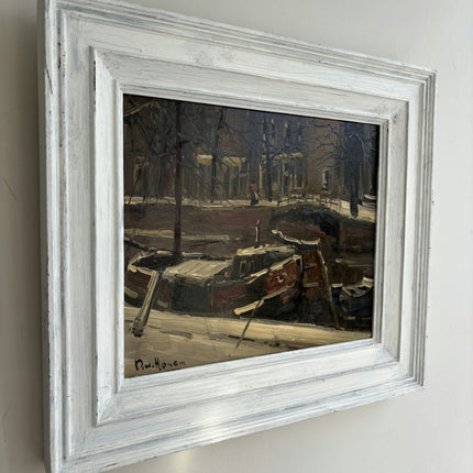 Detailed Harbor Scene Oil Painting "Snowy Street" Rustic Art Holland Art Shop
