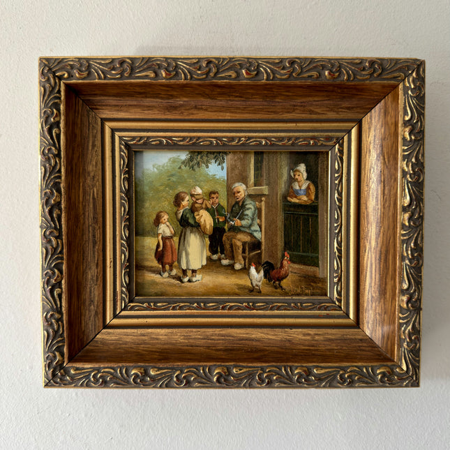 Antique Oil Painting Scenery "Gathering Children" Figurative Small Art Holland Art Shop