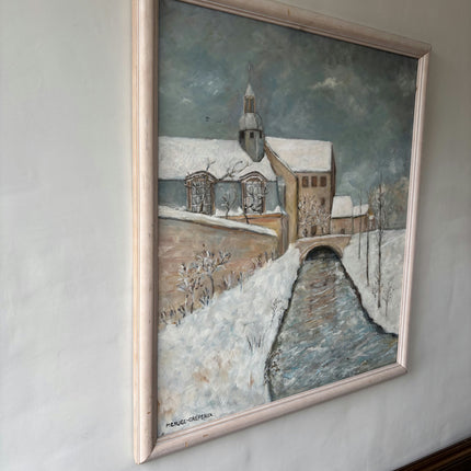 Vintage Winter Landscape Oil Painting "Snowy Bridge" Authentic French Artwork Holland Art Shop