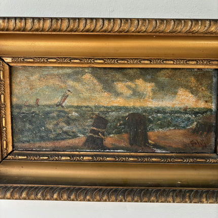 Antique Seascape Oil Painting "Stormy Sea" Original Small Art Holland Art Shop