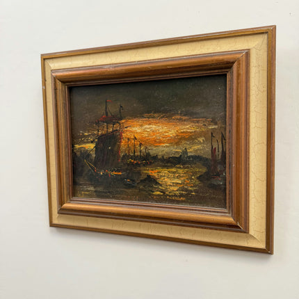 Elegant Harbor Scene Oil Painting "Wooden Frame" Classic Small Artwork Holland Art Shop