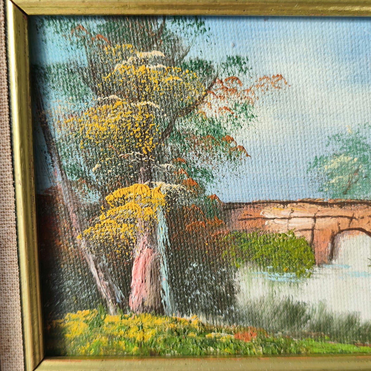 Figurative Landscape Oil Painting "Autumn Bridge" Vintage Small Art