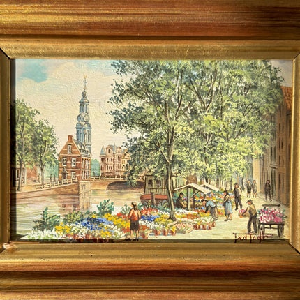 Fine Oil Painting Scenery "Flower Market" Refined Small Artwork Holland Art Shop