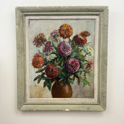 Elegant Floral Still Life Oil Painting "Zinnia Bouquet" Vintage Large Artwork Holland Art Shop
