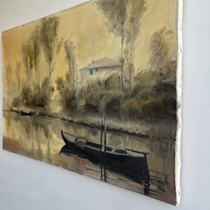 Rustic Harbor Scene Oil Painting "Black Boat" Expressive Art Holland Art Shop