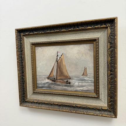 Rustic Seascape Oil Painting "Sailing Boat" Vintage Belgian Art Holland Art Shop