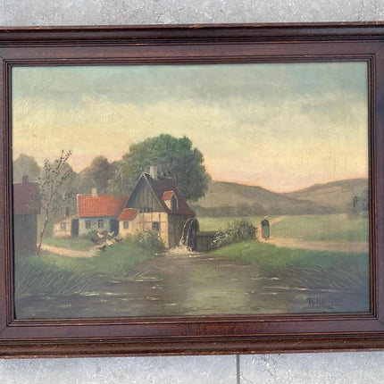 Ca. 1890 Dutch Oil Painting Watermill Chickens Farm Woman Landscape Countryside - HollandArtShop
