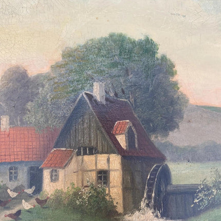 Ca. 1890 Dutch Oil Painting Watermill Chickens Farm Woman Landscape Countryside - HollandArtShop