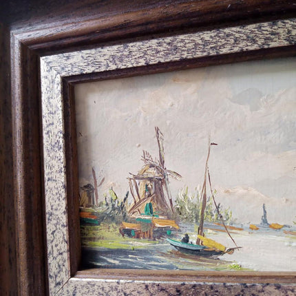 Ca Year 1950 Holland Small Sized Oil Painting Abstract Windmill Sailboats Framed - HollandArtShop