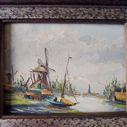 Ca Year 1950 Holland Small Sized Oil Painting Abstract Windmill Sailboats Framed - HollandArtShop