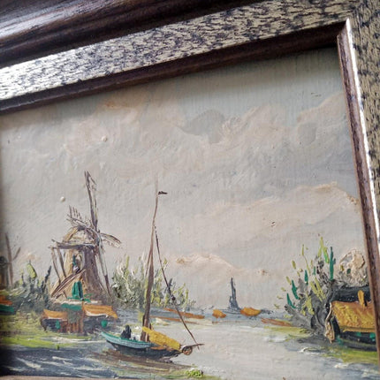 Ca Year 1950 Holland Small Sized Oil Painting Abstract Windmill Sailboats Framed - HollandArtShop