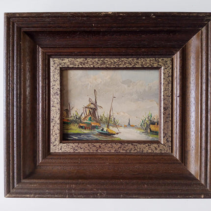 Ca Year 1950 Holland Small Sized Oil Painting Abstract Windmill Sailboats Framed - HollandArtShop