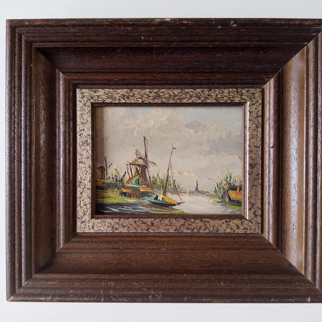 Ca Year 1950 Holland Small Sized Oil Painting Abstract Windmill Sailboats Framed - HollandArtShop