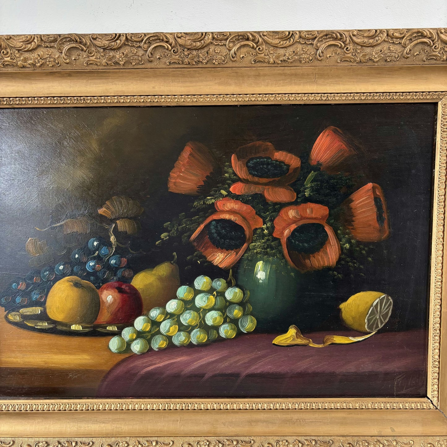 Vintage Oil Painting Still Life "Vibrant Poppies" Grapes Food Art