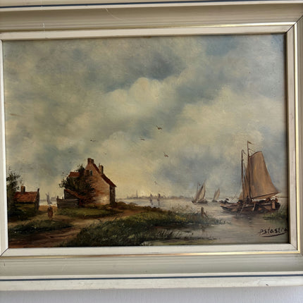 Rustic Harbor Scene Oil Painting "Sailing Boat" Vintage Dutch Artwork Holland Art Shop