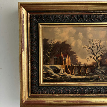 Traditional Oil Painting Scenery "Snowy Bridge" Antique Small Artwork
