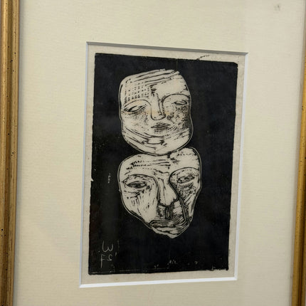 1927 Figurative Etching "Framed Masks" Small Artwork Holland Art Shop