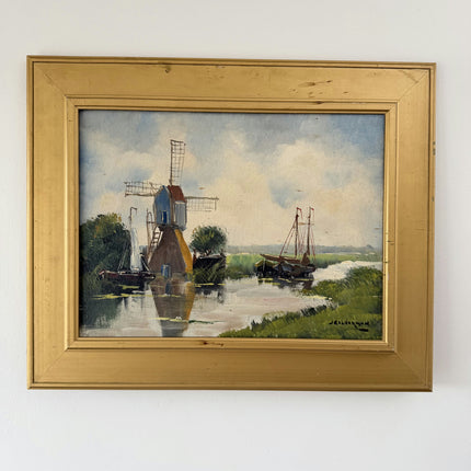 Rustic Harbor Scene Oil Painting "River Windmill" Elegant Art Holland Art Shop