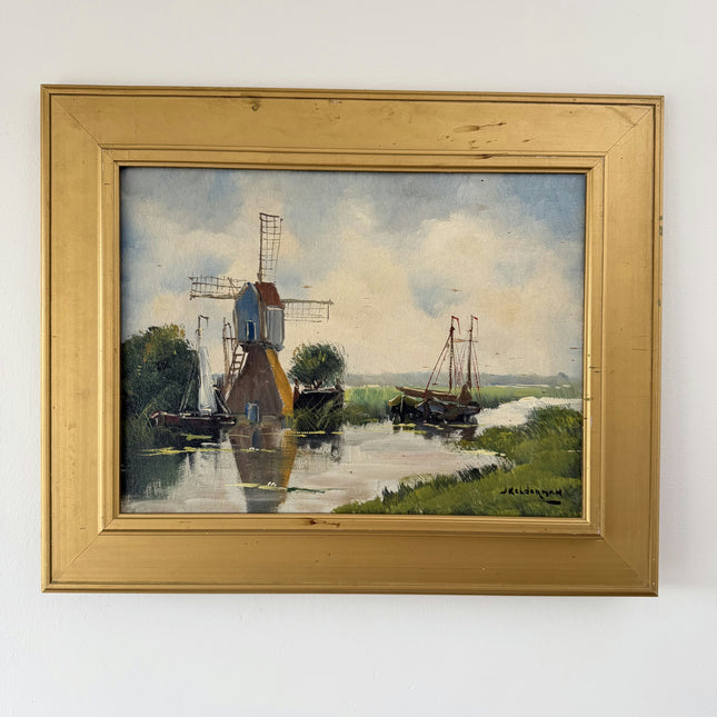 Rustic Harbor Scene Oil Painting "River Windmill" Elegant Art Holland Art Shop