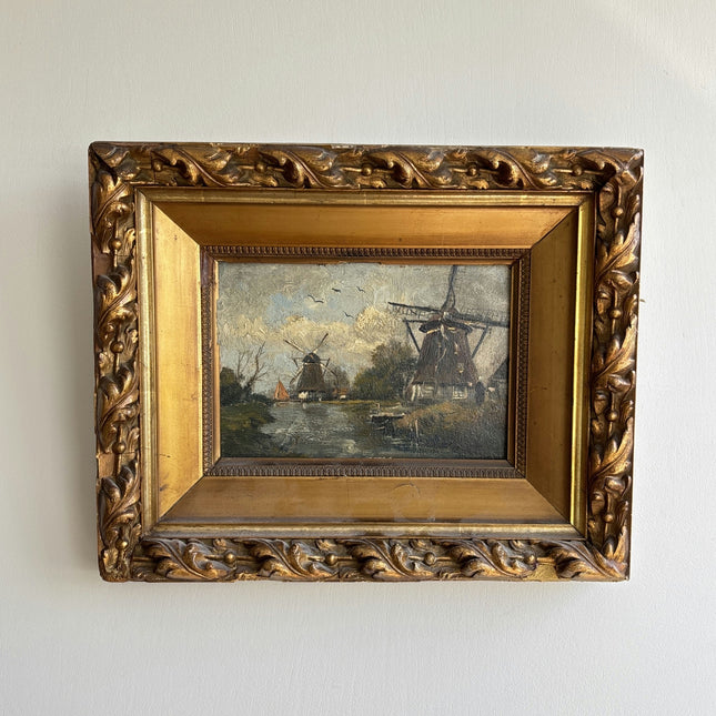 19th Century Antique Landscape Oil Painting "Sailboat Mast" Small Artwork Holland Art Shop
