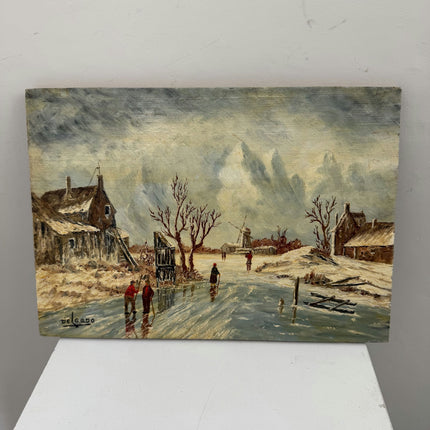 Traditional Winter Landscape Oil Painting "Frozen River" Small Artwork Holland Art Shop