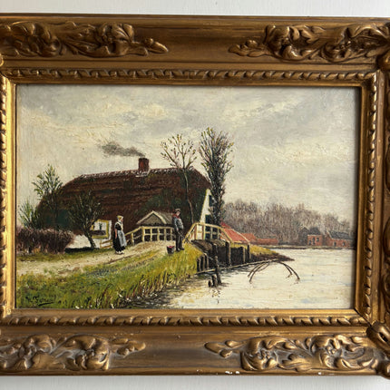 1913 Antique Landscape Oil Painting "Gilded Frame" Artwork Holland Art Shop