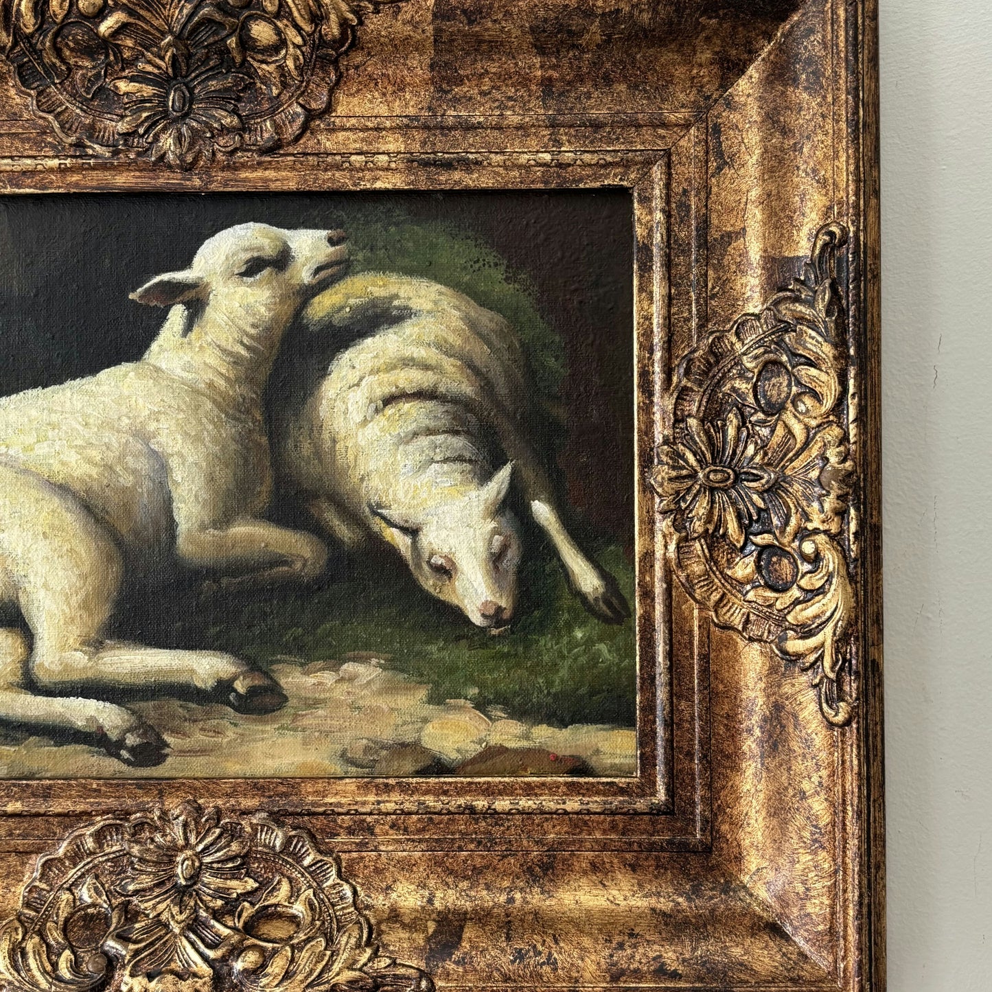 Marvelous Oil Painting Animals "Resting Lambs" Vintage French Artwork