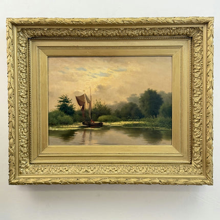 1888 Antique Seascape Oil Painting "Sailing Boat" Large Artwork Holland Art Shop