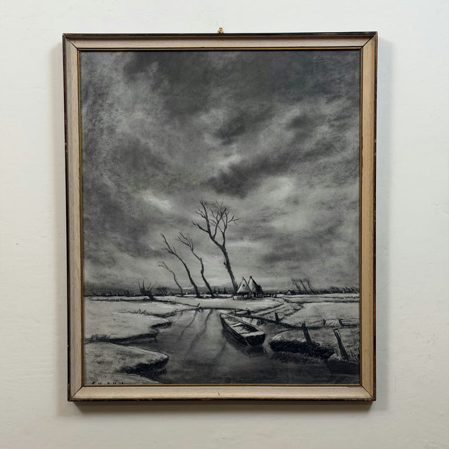 Original Landscape Drawing "Rowboat Alone" Refined Artwork Holland Art Shop