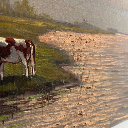 Elegant Landscape Oil Painting "Grazing Cow" Vintage Large Art Holland Art Shop
