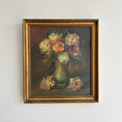 19th Century Antique Floral Still Life Oil Painting "Vase Flowers" Small Art Holland Art Shop