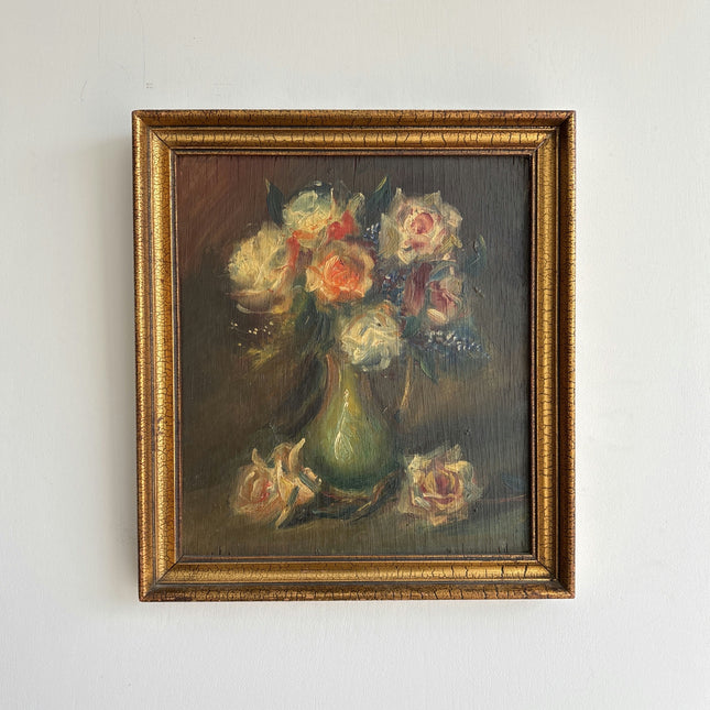 19th Century Antique Floral Still Life Oil Painting "Vase Flowers" Small Art Holland Art Shop