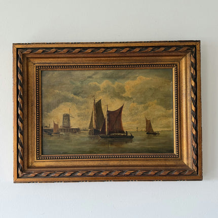 19th Century Antique Seascape Oil Painting "Sailing Boat" Artwork Holland Art Shop