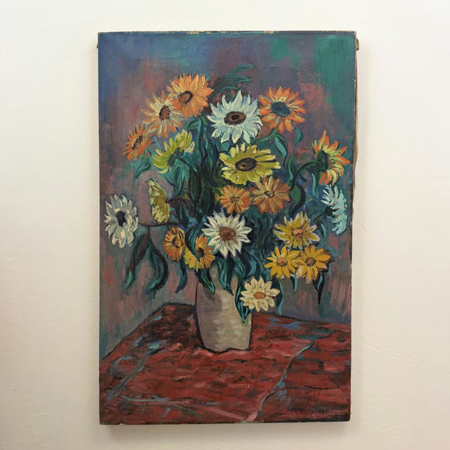 Detailed Floral Still Life Oil Painting "Sunflower Vase" Vintage Large Art Holland Art Shop