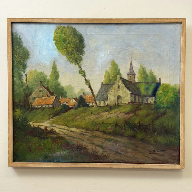 19th Century Antique Landscape Oil Painting "Village Church" Artwork Holland Art Shop