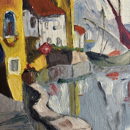 Refined Harbor Scene Oil Painting "Yellow House" Handcrafted Small Art Holland Art Shop