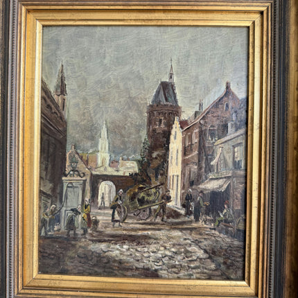 Antique Cityscape Oil Painting "City Street" Rustic Small Artwork Holland Art Shop