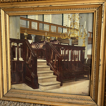 1918 Antique Church Interior Oil Painting "Gilded Frame" Dutch Art Holland Art Shop