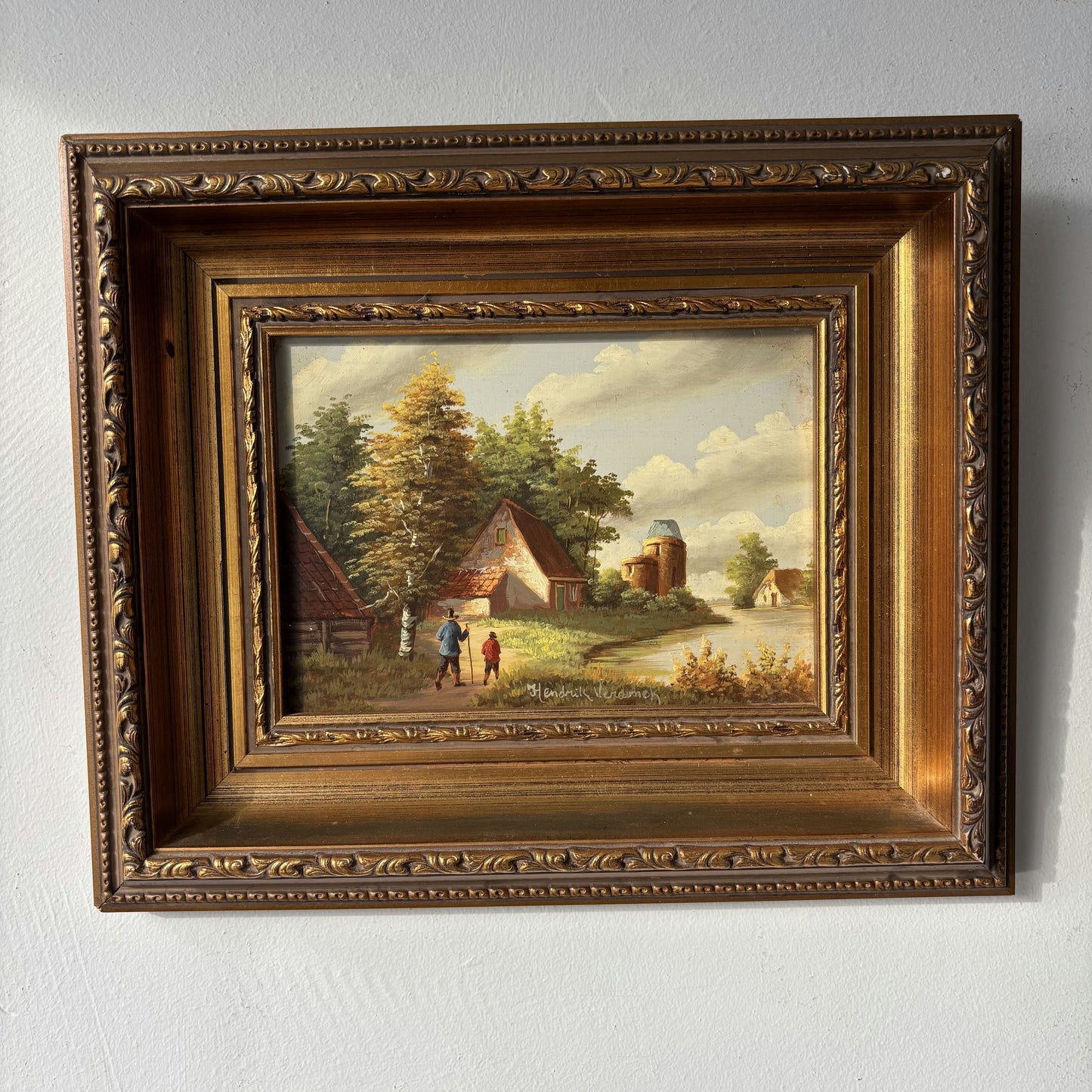 Antique Around 1920 Country Cottage Trees River Path Oil Painting Authentic