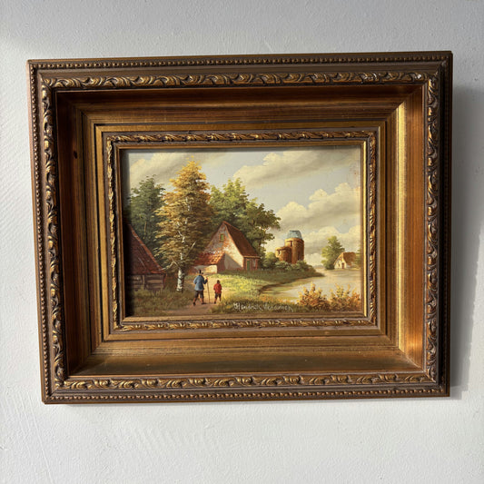 Antique Around 1920 Country Cottage Trees River Path Oil Painting Authentic