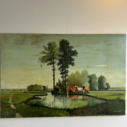 Original Landscape Oil Painting "Grazing Cows" Expressive Art Holland Art Shop