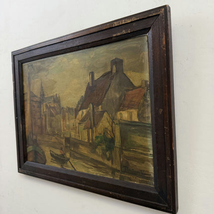 Vintage Cityscape Oil Painting "Canal Boat" Original Artwork Holland Art Shop