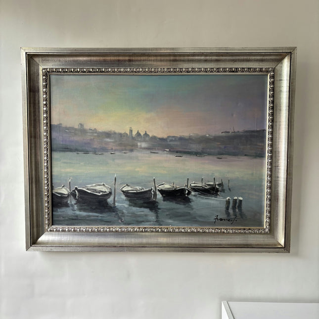 Traditional Harbor Scene Oil Painting "Rowing Boats" Authentic Large Artwork Holland Art Shop
