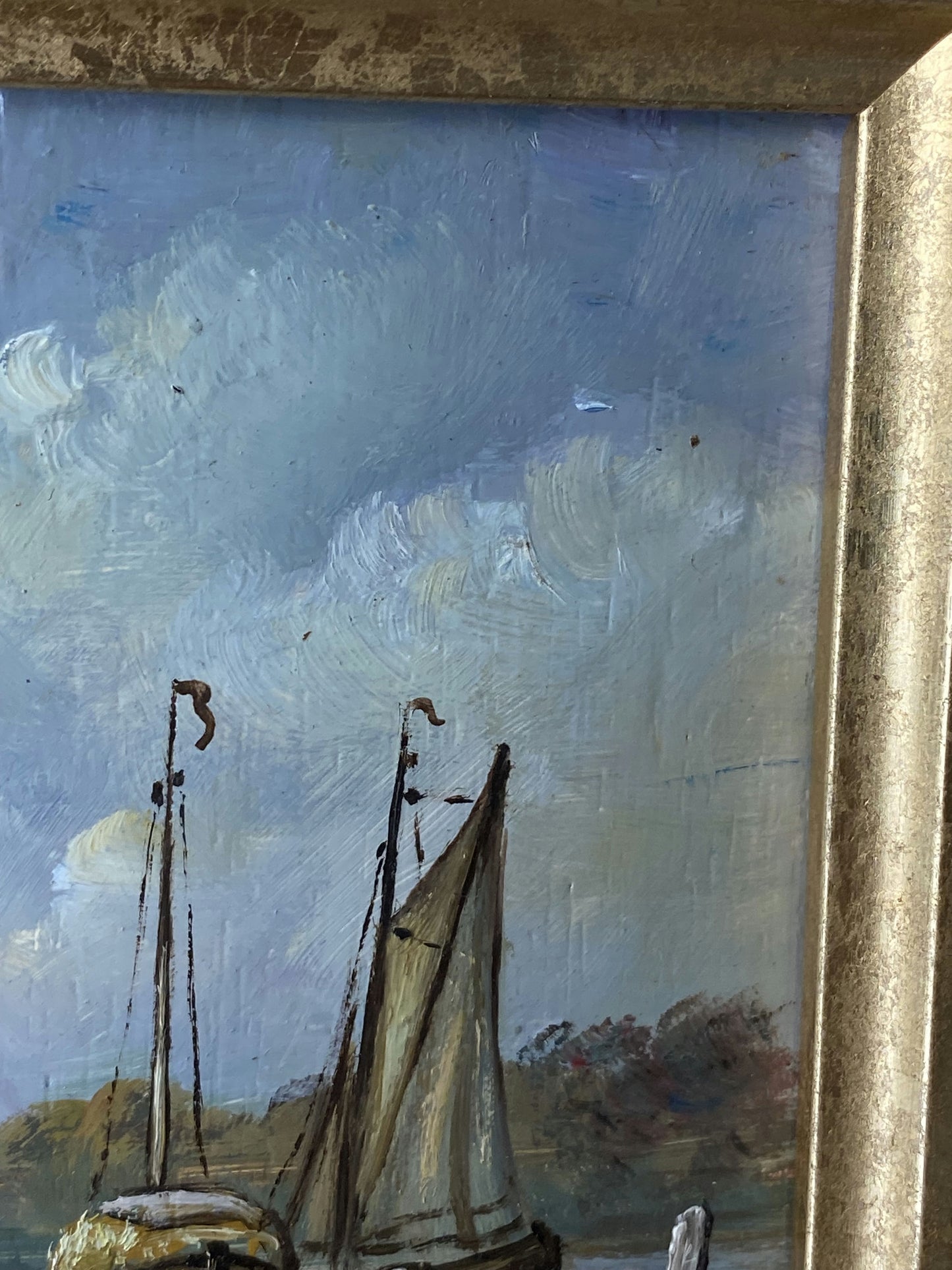 20th Century Vintage Dutch Village Riverside Boats Church Sky Oil Painting