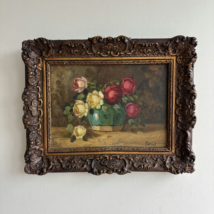 Antique Floral Still Life Oil Painting "Rose Vase" Handcrafted Small Artwork Holland Art Shop