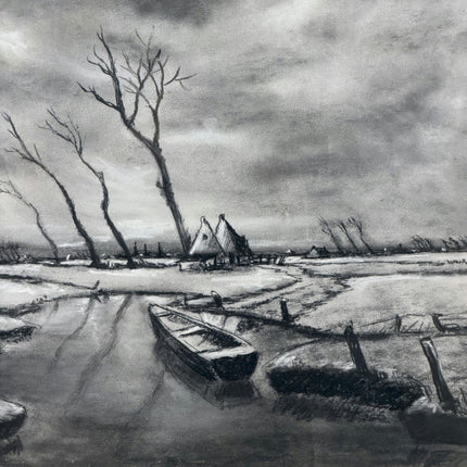 Original Landscape Drawing "Rowboat Alone" Refined Artwork Holland Art Shop