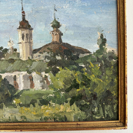Original Landscape Oil Painting "Church Towers" Rustic Small Artwork Holland Art Shop